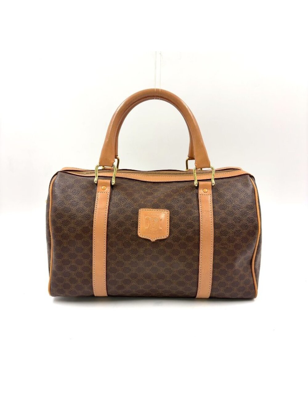 Celine Macadam Pattern Leather Brown Light Mini Boston Bag Gold